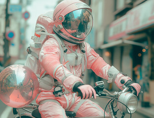 Retro astronaut on bicycle in pink space suit in the city. Creative surreal pastel concept