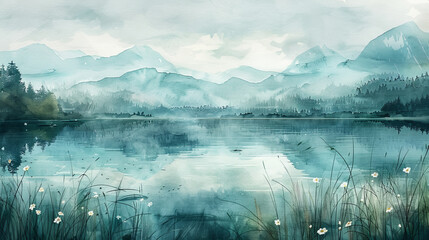 Watercolor painting of serene lake and distant mountains