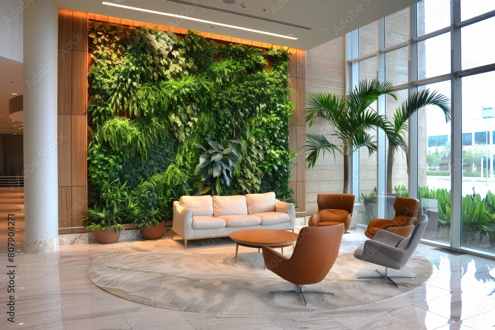Poster a lobby filled with a variety of green plants growing on a large wall, creating a vibrant and natura