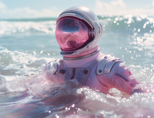 Abstract portrait of an astronaut swimming in the ocean. Surreal summer concept.