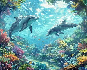 Fototapeta premium Imagine a world where holographic displays interact with dolphins in their natural habitat Utilize unexpected camera angles to reveal a new dimension of harmonious coexistence