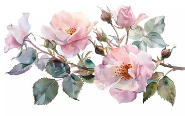 watercolor flower arrangement. flower illustration. composition of pink rose flowers, Leaves and buds. 