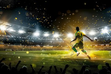 A soccer player in a stadium kicking a soccer ball during a match
