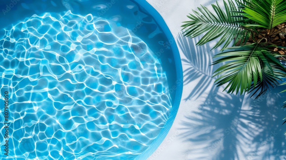 Poster view from above of a swimming pool surrounded by palm trees