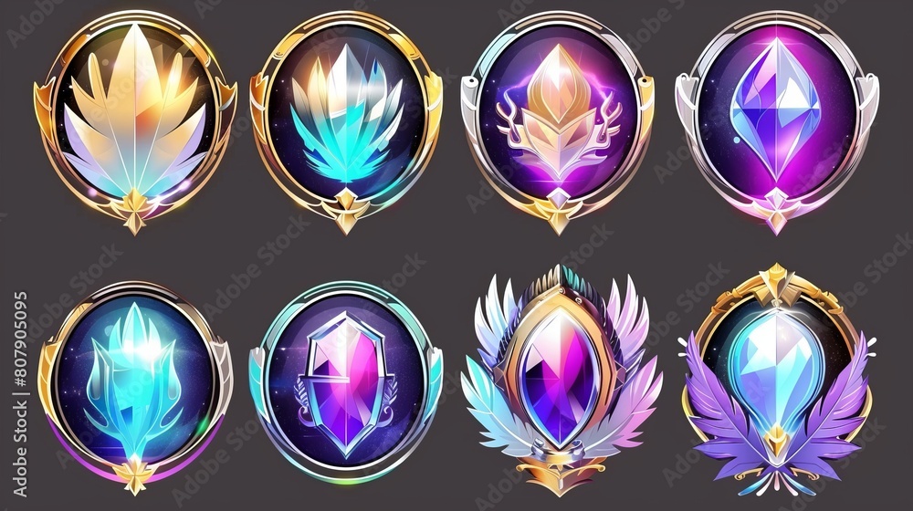 Poster user avatar frames with feathers and crowns for a game interface. empty circles with glossy gold, si