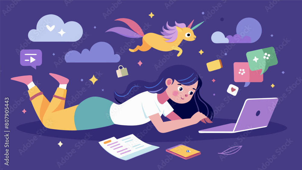 Poster a girl lying on her stomach in her room surrounded by sketches and snippets of code as she works on 