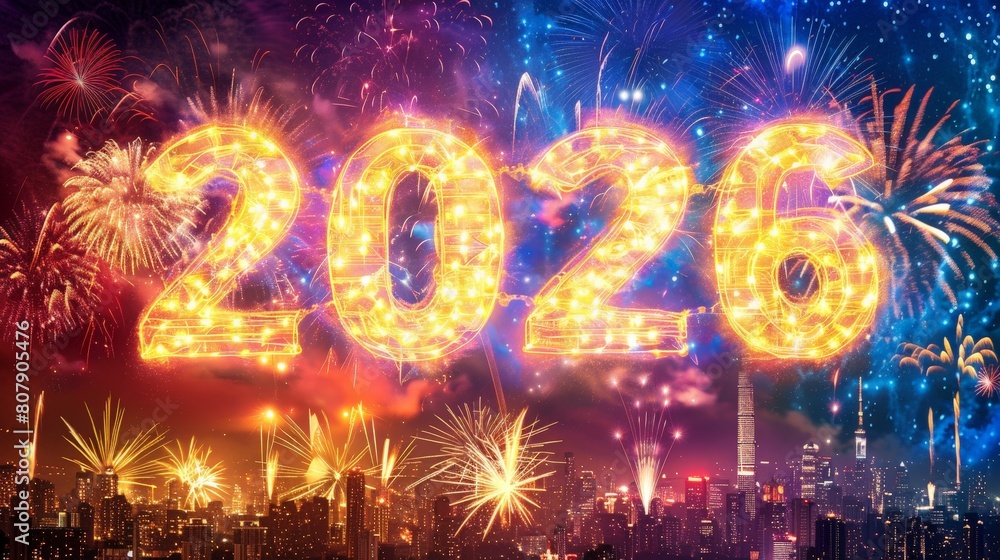 Sticker A city skyline illuminated by colorful fireworks, with the number 2026 displayed prominently