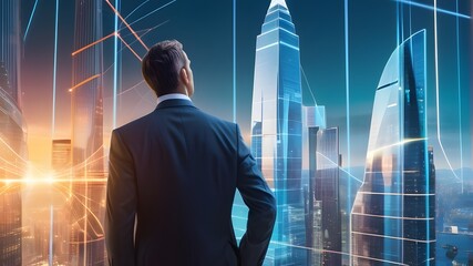 A futuristic cityscape with towering skyscrapers, each representing a different global financial institution, connected by a network of glowing lines and data streams. In the center, a businessman sta