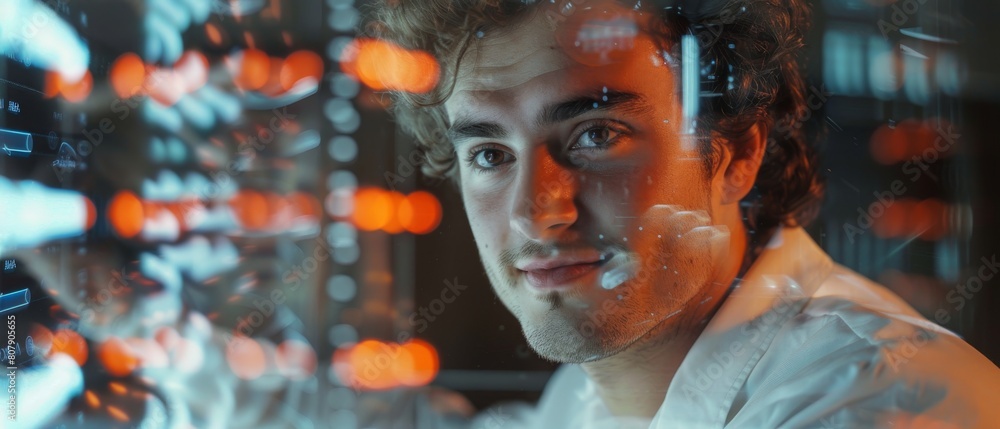 Poster smiling scientist working on transparant display computer. screen shows sequenced human dna.