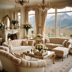 A luxurious and elegant living room with large windows overlooking a scenic mountain landscape. The room features plush, tufted beige sofas and armchairs arranged around a glass-topped coffee table. 