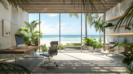 Beautiful interior of modern beach house with open office area, white wooden floorboards, large windows overlooking the sea