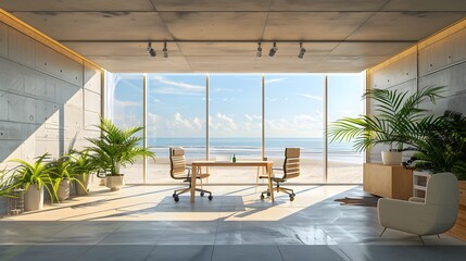 Fototapeta premium Beautiful interior of modern beach house with open office area, white wooden floorboards, large windows overlooking the sea