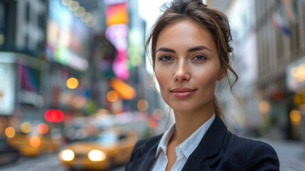 Fototapeta premium Professional female businesswoman portrait against blurry city street backdrop.