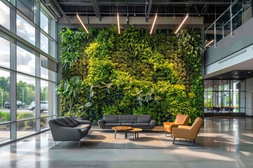 A view of a green wall in an office space adorned with modern couches and chairs, creating a professional and inviting atmosphere for meetings or relaxation