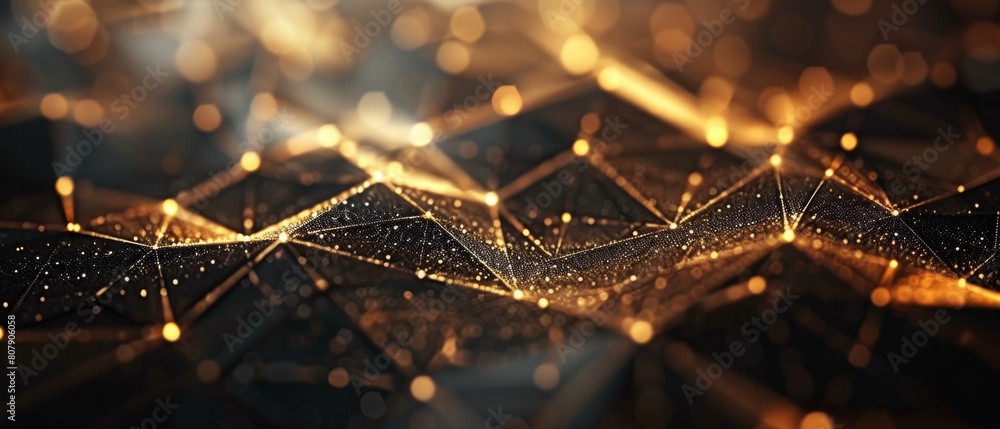 Poster modern geometric pattern of thin gold lines intersecting on black background.