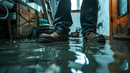 Cleaning up water damage in flooded basement from snowmelt or pipe burst. Concept Water Damage Restoration, Basement Cleanup, Snowmelt Flooding, Pipe Burst Cleanup, Home Restoration