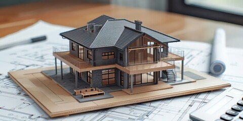 house model on the top of blueprints, calculator