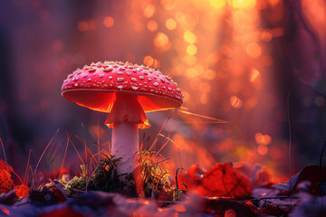 Vibrant autumn mushroom glowing amidst fallen leaves