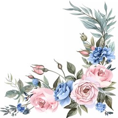 Watercolor floral corner border. Blush pink roses, peonies, blue wildflowers with leaves and branches
