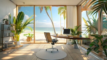 Fototapeta premium Beautiful interior of modern beach house with open office area, white wooden floorboards, large windows overlooking the sea