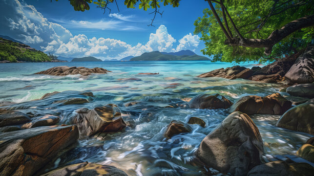Beautiful beach with rocks on Praslin island, Seychelles. In the style of Angie Fuser, transparent water, blue sky and white clouds, blue sea