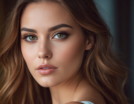 Una donna con sguardo intenso, capelli sciolti e labbra carnose.
