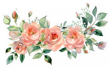 watercolor flower arrangement. flower illustration. composition of pink roses, leaves and buds