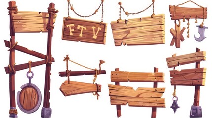 Old wooden sign boards with road pointers on poles, oval plans mounted on chains and ropes, isolated on white background. Modern cartoon set of old wooden signs.