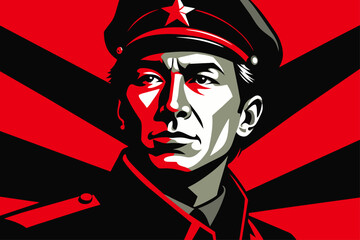 Policeman. Vector illustration of a soldier with a red cap on his head.