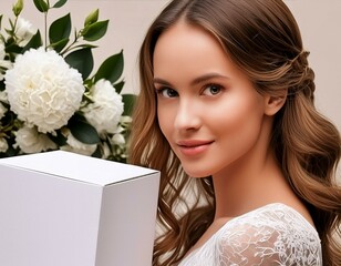 A young beautiful long hair woman dressed in a white bridal dress is holding an unbranded blank gift box - white flowers bouquet in the background