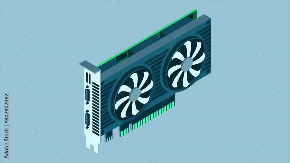 Poster 3d isometric video graphic card animation. isometric of device graphic card. personal computer hardw