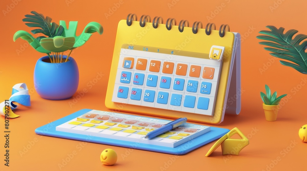 Poster an illustration of a diary calendar with check marks and a pen. blue ticks indicate completed tasks.