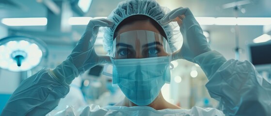 A professional nurse or medical assistant is shown removing a surgical mask after successfully performing an operation. In the background is a modern operating room in a hospital.