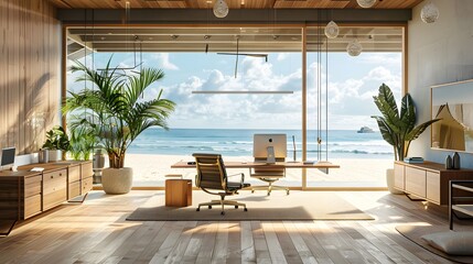 Beautiful interior of modern beach house with open office area, white wooden floorboards, large windows overlooking the sea