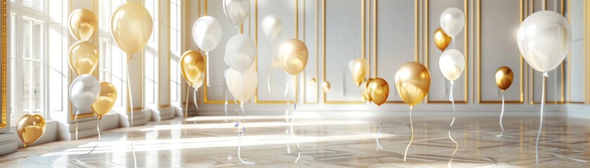 A large room with a high ceiling is decorated with white and gold balloons. The floor is made of highly reflective white marble tiles. - Powered by Adobe