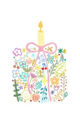 cute tiny colorful flowers and plants birthday cake with pink ribbon on white background , illustration card decoration