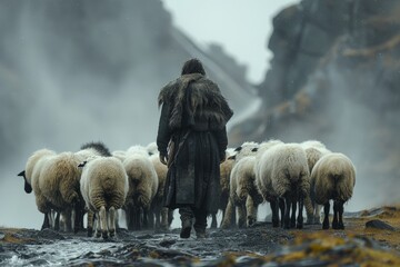 Amid harsh weather, a solitary shepherd guides his sheep through a wet, rocky terrain