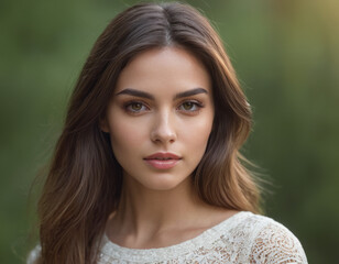 Naklejka premium Una donna con capelli castani ondulati, occhi marroni e sorriso accennato. 