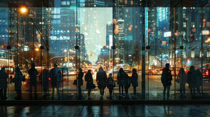People waiting at a bus stop on a bustling city street, their silhouettes outlined against the backdrop of glowing shop windows and illuminated signs, symbolizing the vibrant pulse of urban nightlife.