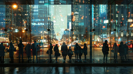 Obraz premium People waiting at a bus stop on a bustling city street, their silhouettes outlined against the backdrop of glowing shop windows and illuminated signs, symbolizing the vibrant pulse of urban nightlife.