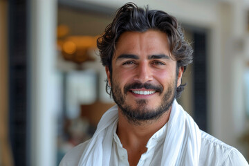 Obraz premium A portrait of a handsome man with a beard, smiling warmly and wearing a white shirt in a casual elegant setting