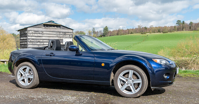 2007 Mazda MX5 with the soft top down , Scotland, United Kingdom