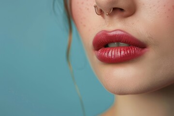 Shimmering Elegance: Glossy Metallic Lip Art with Subtle Piercing Accent