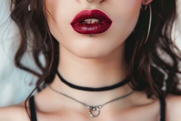 Shimmering Elegance: Glossy Metallic Lip Art with Subtle Piercing Accent