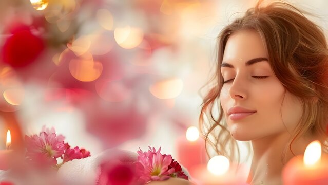 Woman enjoys a serene spa experience with flowers and candlelight. Concept Spa Experience, Serene Setting, Flowers, Candlelight, Relaxation