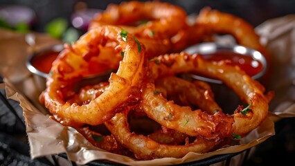 Beer-Battered Homemade Onion Rings with Dipping Sauces in Basket: Selective Focus. Concept Cooking, Food Photography, Recipe, Homemade Snacks, Dipping Sauces