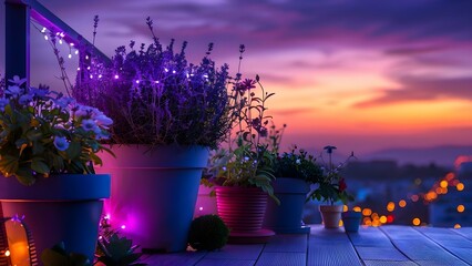 A Rooftop Garden at Sunset: Potted Plants, Flowers, and Fairy Lights. Concept Rooftop Garden, Sunset, Potted Plants, Flowers, Fairy Lights