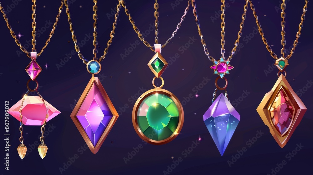 Wall mural amulets made of crystals, diamonds, and precious stones in a metal frame hanging from a rope. game i