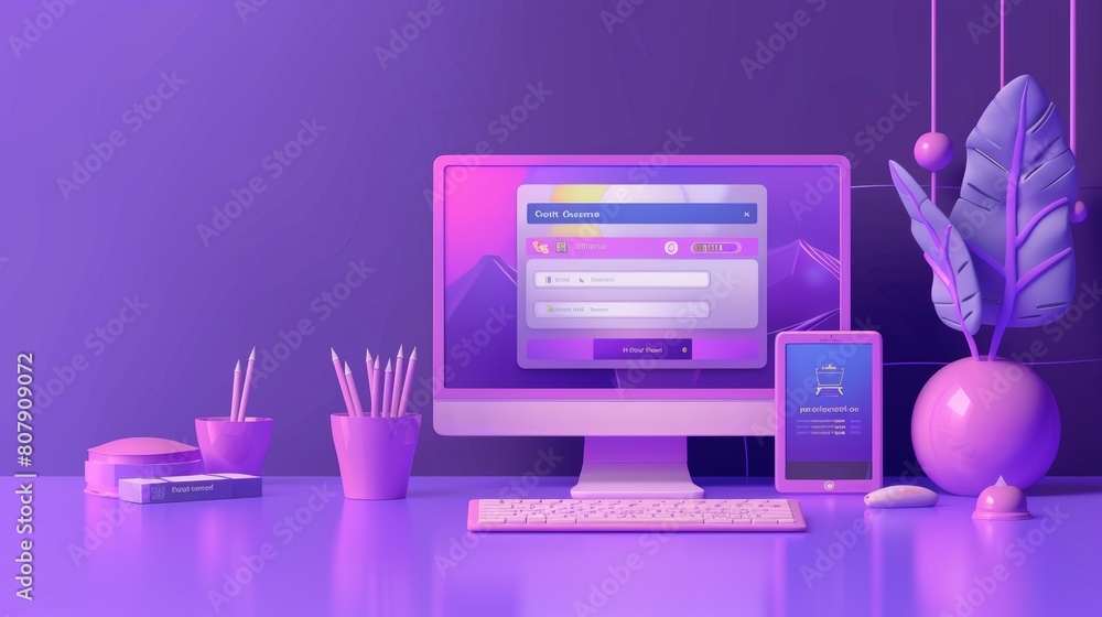 Poster login and password form on purple background, concept of id authentication, authorization, username,