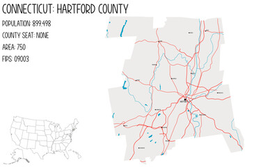 Large and detailed map of Hartford County in Connecticut, USA.